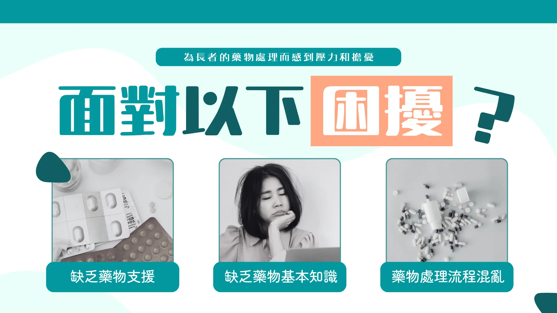 作為家屬或外籍看護，當需要替長者核對或處理藥物時，常因為標籤繁複、藥名相似、用法不明而倍感壓力；最擔心的是因理解失誤而誤服、重複服用或錯時服用。一旦處理不當，既影響長者病情，亦可能導致頭暈跌倒、低血糖／高血壓等意外——這正是照顧者最不願見到的情況。   1.缺乏藥物支援：自行判斷易造成漏服／重複服、錯誤間隔；慢病控制（血壓、血糖）波動，增加急症風險。   2.缺乏藥物基本知識：把不同藥物混淆；錯誤切半／碾碎；遇副作用不知應對，延誤處理。   3.覆診後不懂得處理藥物執核流程：新舊並用、指示不一致；家屬與外傭各有一套，造成落差。